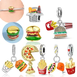 Charms Sterling Silver 925 frytki Burger Pizza seria kawa chleb trzyczęściowy zestaw dla kobiet Diy bransoletka naszyjnik prezent