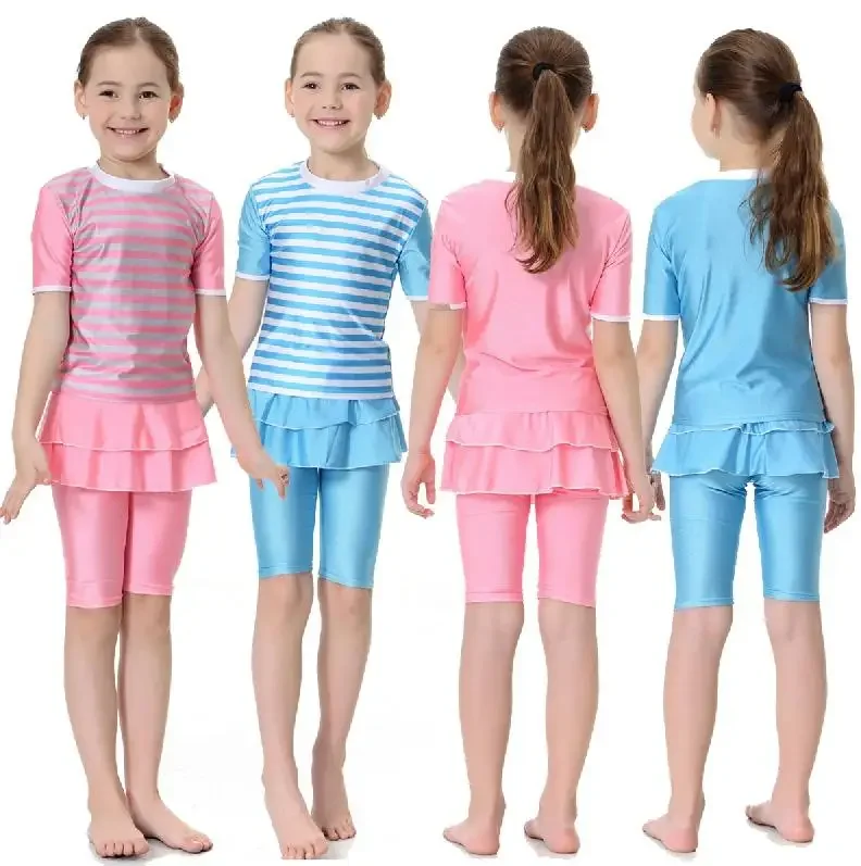 

Children Girl Striped Swimsuit Muslim Kids Girl Summer Short-sleeve Swimwear Slim Skirt 2 Pieces Beachwear Bathing Swim Sets