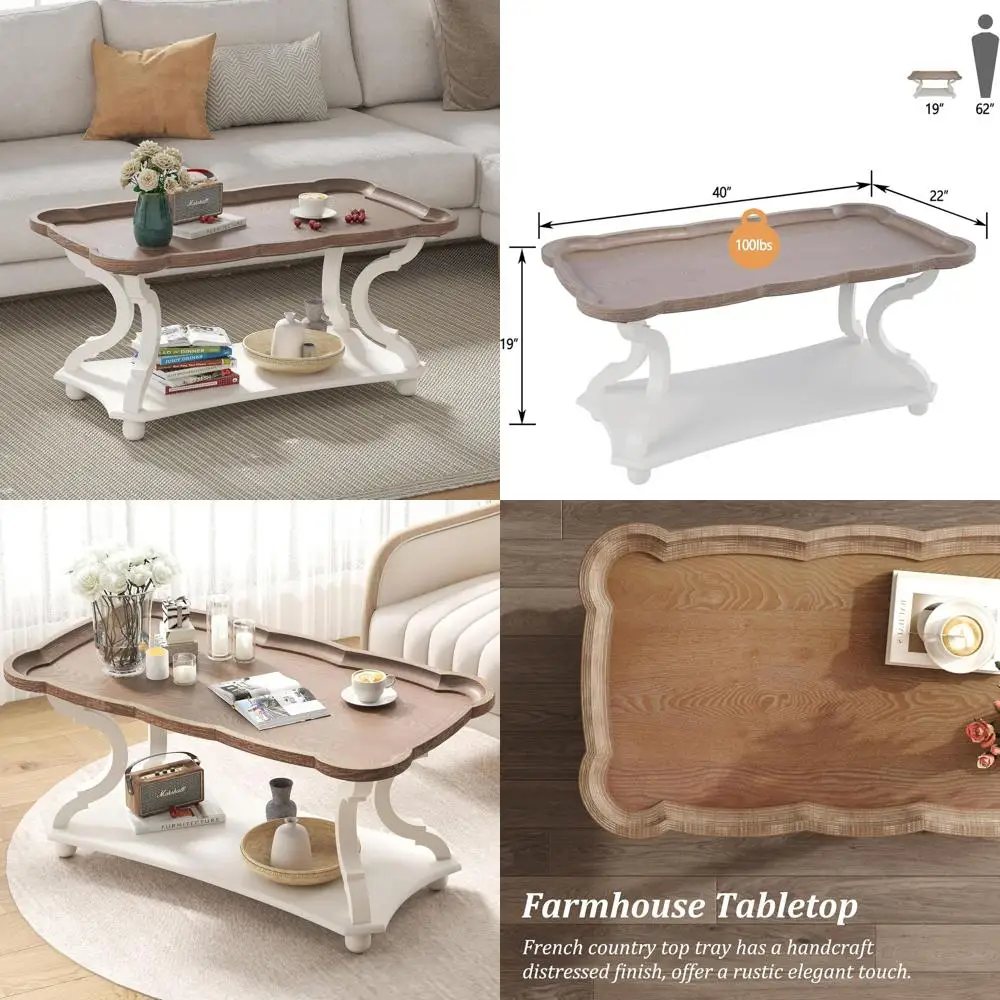 

Vintage White Rustic Sofa Table with Storage Shelf and Carved Legs for Living/Dining Rooms