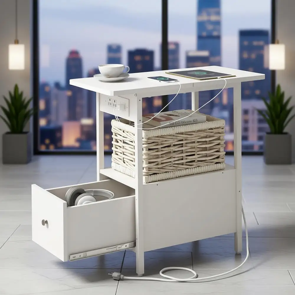 

Торцевой столик с зарядной станцией, узкий приставной столик с ящиком, USB-портами и розетками, тумбочка, прикроватные тумбочки для малых