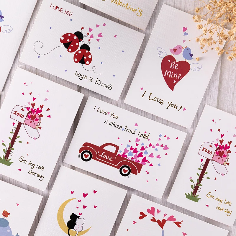 Cute Heart Animal Pattern Greeting Card for Girlfriend, Valentine's Day Love Thank You Cards, Foldable Blessing Gift Card 10 PCs