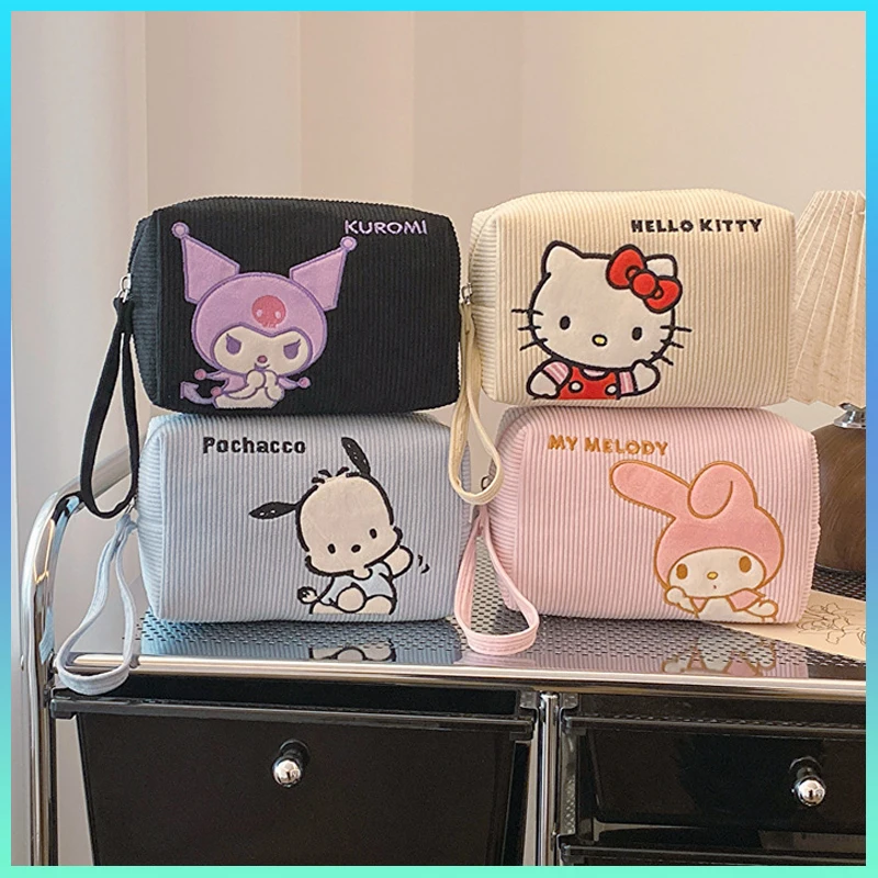 Sanrio Hello Kitty Kuromi Corduroy Cartoon Square Bag Womens Toiletry Travel Change Makeup Storage Portable Fresh Sweet Zipper