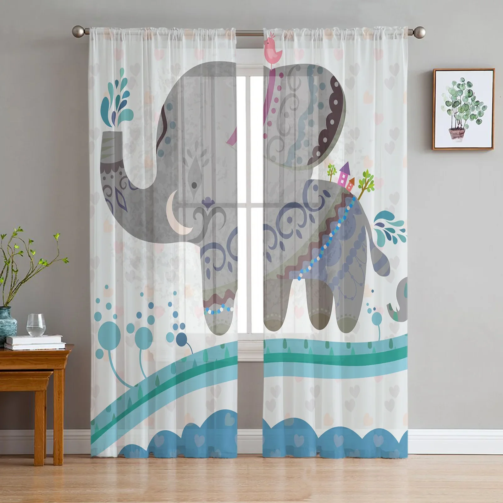 Elephant Big Stupid Bird Heart Gray Blue Sheer Curtains for Living Room Bedroom Decoration Window Voiles Morning Tulle Curtain