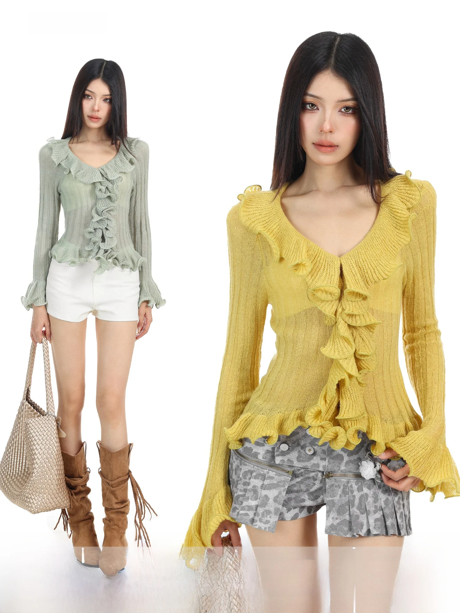 

Slim Fit Long Sve Knitted Top Women's Faion Korean Sle Wood ain Design Casual Ele Sle Spring Summer