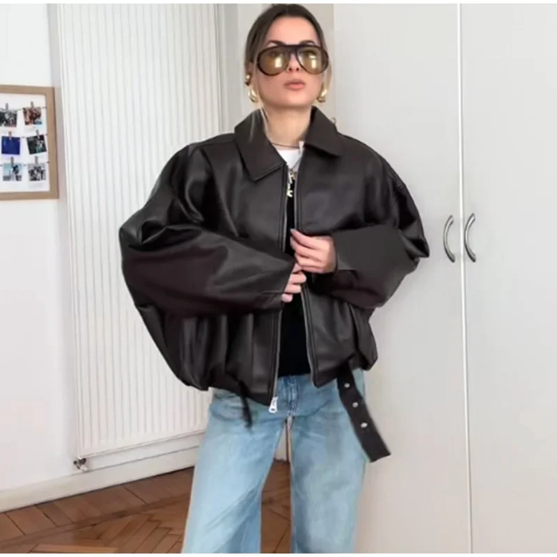 Chaquetas Bomber de cuero PU Vintage para mujer, abrigo de bolsillo de manga larga con solapa y cremallera, ropa informal suelta con cinturón, otoño 2025