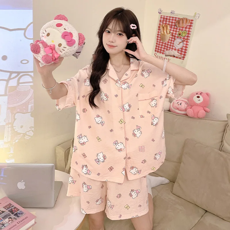 Sanrio Hello Kitty Pure Cotton Short Sleeve Short Pants Loose Women\'s Wear Pajamas Home Wear Silk Pajamas Women\'s Sleepwear Suit