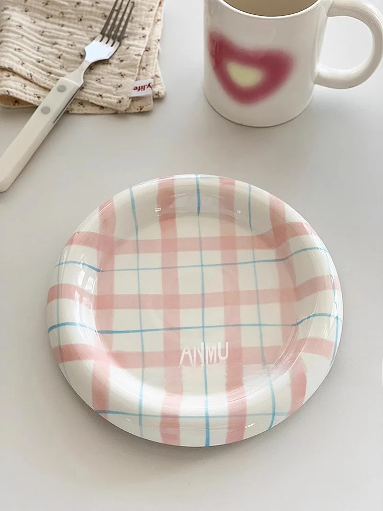 

Тарелка Anmuli Cerc с клетчатым узором, подглазурная, для десертов и салатов, корейская круглая тарелка для фруктов, 8 дюймов, универсальная