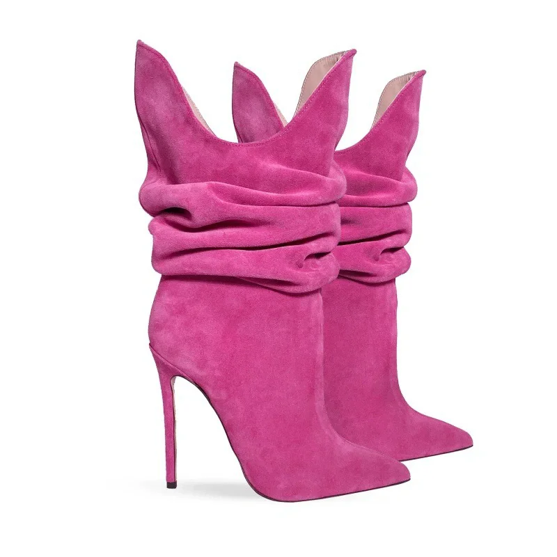 Thin high-heeled women's shoes winter new pointed suede pleated short tube pile boots banquet large size sexy sleeve women boots