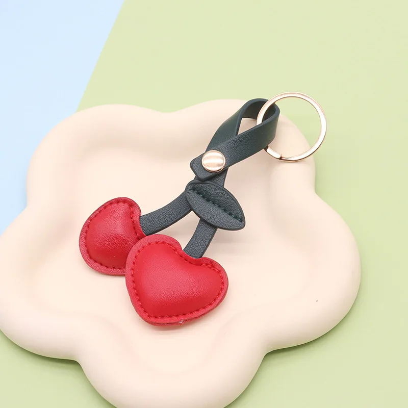 Pastoral Style Pu Cherry Keychain Cute Heart-Shaped Cherry Bag Pendant Girl Leather Ornament Gift Fresh Style Faux Leather Cherry Pendant 3D Stuffed Heart Cherry Keychain Girls Backpack Decoration Hanging Chain - view 3