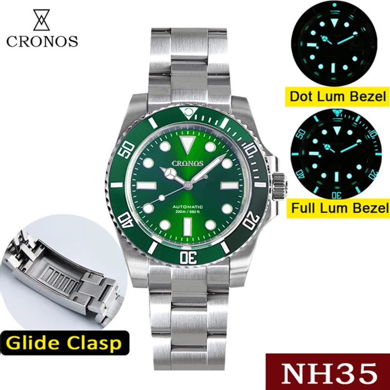 Cronos Sub Diver Men\'s Watches No Date NH35 Sapphire Cyclops Ceramic Bezel 20 ATM Glideclasp Latest Version L6015M