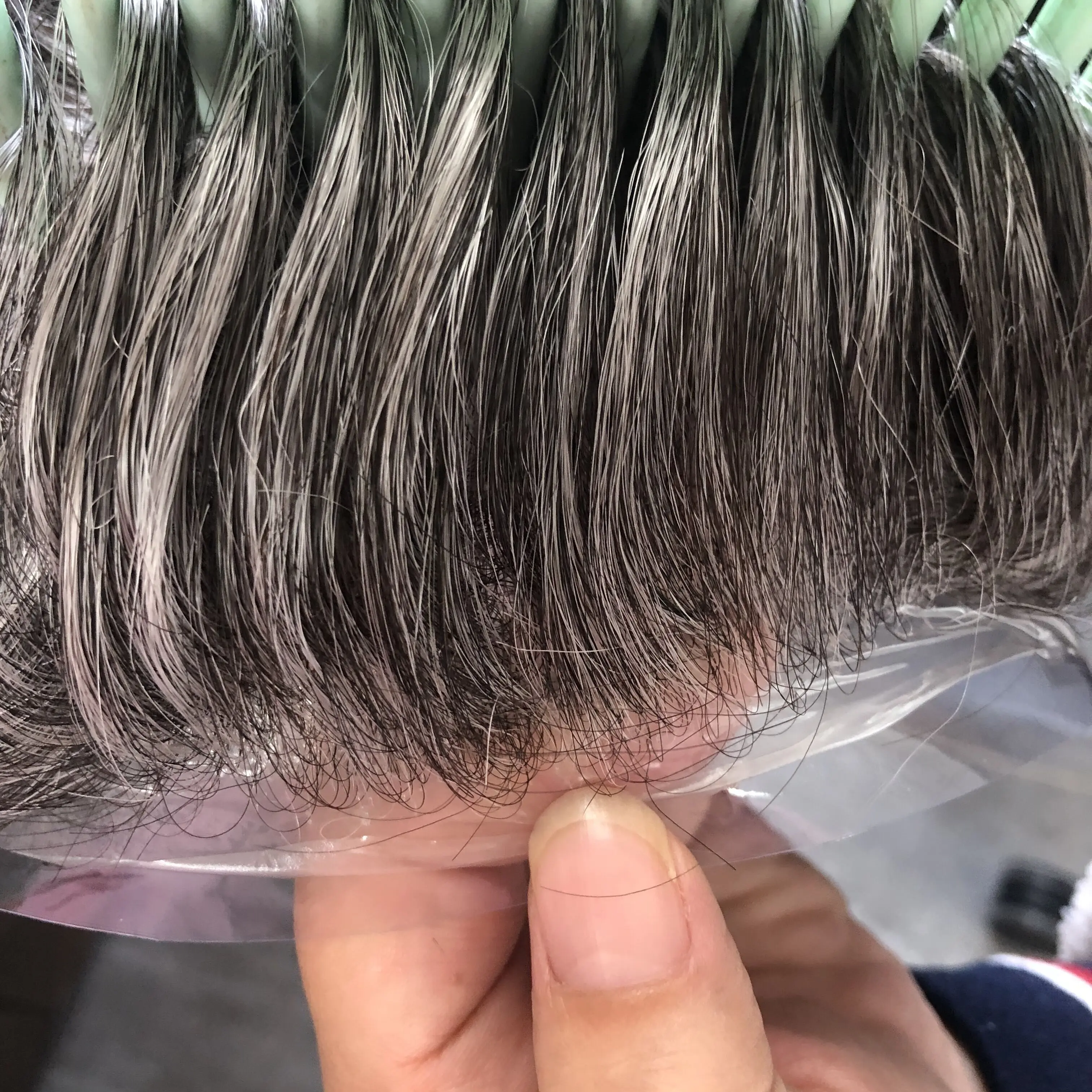 Tipis 0.03Mm Kulit Pria Rambut Palsu Alami Pria Rambut Remy Vlooped 100% Sistem Penggantian Rambut Manusia Abu-abu Rambut Kapiler