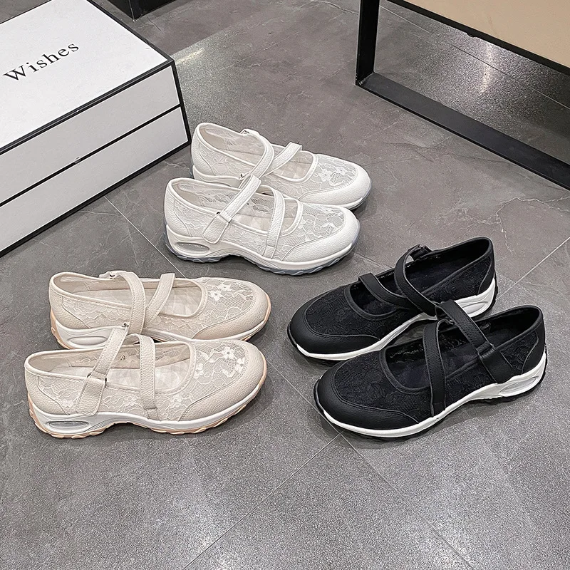 

Женские повседневные туфли на толстой подошве с одним ремешком и застежкой-липучкой, спортивная обувь большого размера с низким берцем и сетчатым круглым носком