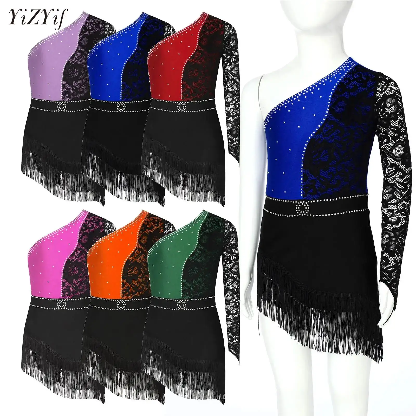 

Kids Girls Jazz Latin Dance Dress Shiny Rhinestones Lace One Long Sleeve Tassels Dancewear Cha Cha Ballet Skating Dance Costume
