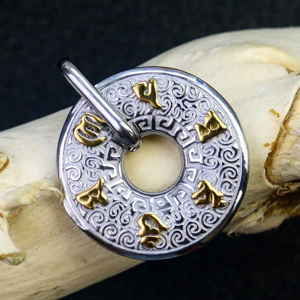 Metallic Silver Color Donut Shaped Six Character Engraved Necklace Pendant Buddhist Faith Jewelry Accessories Peaceful Amulet