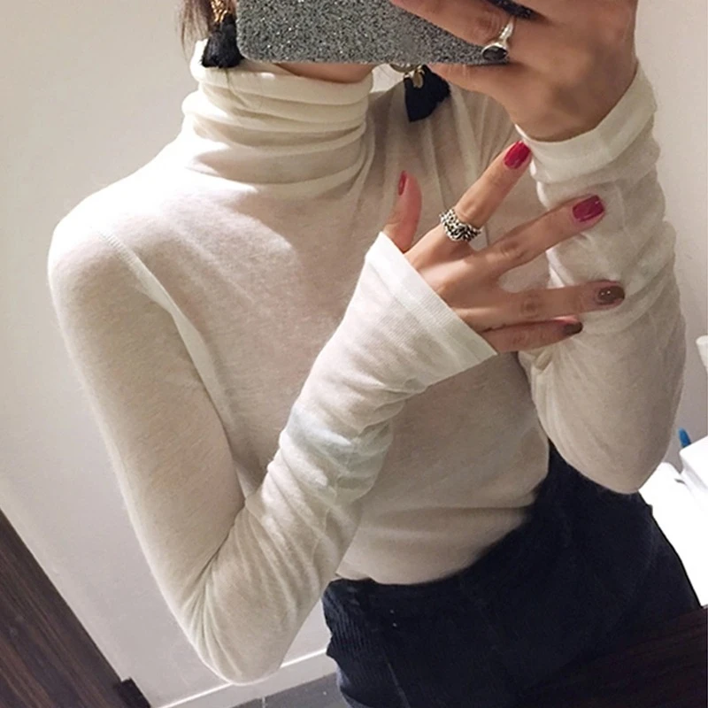 Korean Style Slim Fit Turtleneck Long Sleeve Thin T-Shirt Women's Base Tee Solid Color Versatile Sexy Hot Girl Perspective Tops