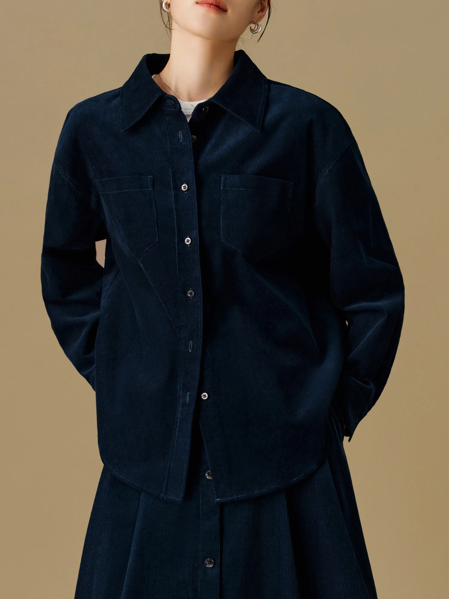 DUSHU Women Corduroy Shirt Skirt Sets Winter Dark Blue Thicken Long Sleeve Blouse Long A-LINE Skirts 24DS84272+24DS84607