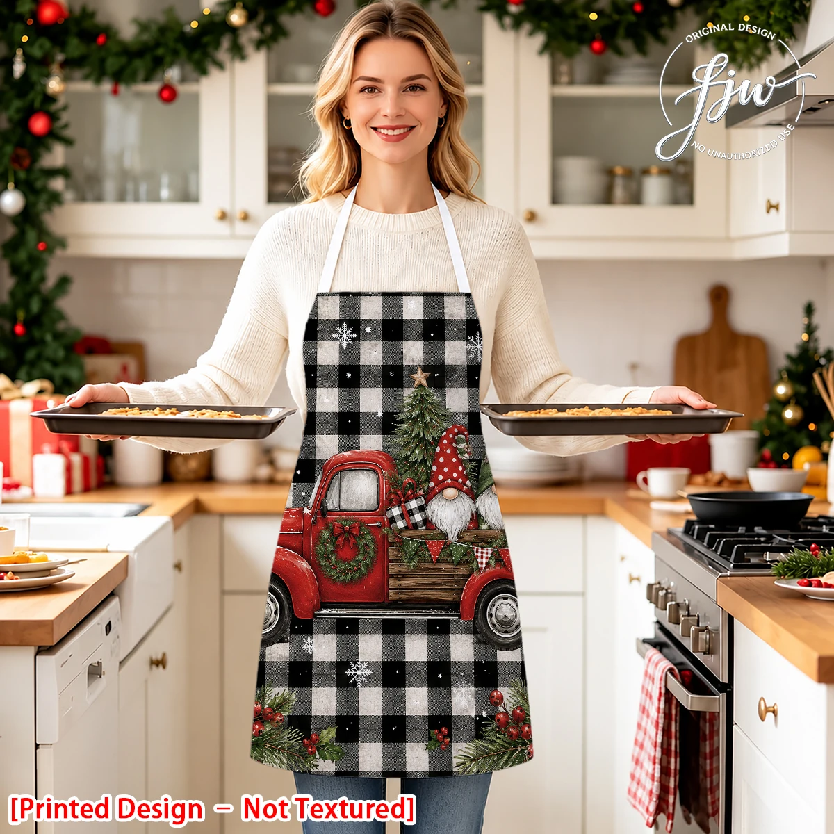 1pcs Christmas Apron for Women, Gnomes Truck Nutcracker Print Kitchen Cooking Baking Apron for Holiday Party