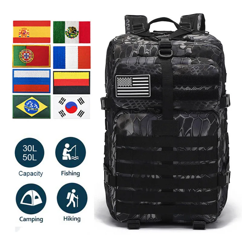 Sac à dos militaire pour hommes et femmes, sac d\'assaut, sacs à dos Molle de l\'armée, accessoires de camping et de chasse, 30L, 50L, 3P