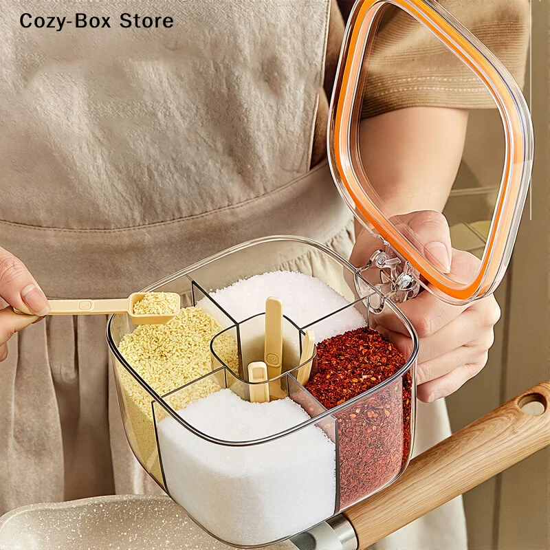 4 Grids Transparent Lid Spice Jar Seasoning Salt Pepper Box Chili Powder Sugar Bowl Condiments Storage Container Kitchen Gadgets