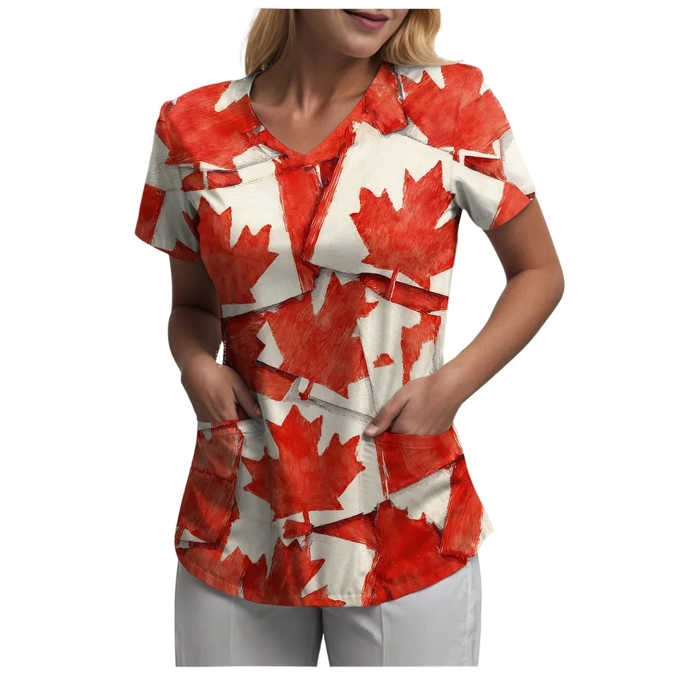 Canada Day Women T Shirt Canadian Flag 3D Print Short Sleeved V Neck Tops Summer Maple Leaf Graphic Tees Shirts With Pockets