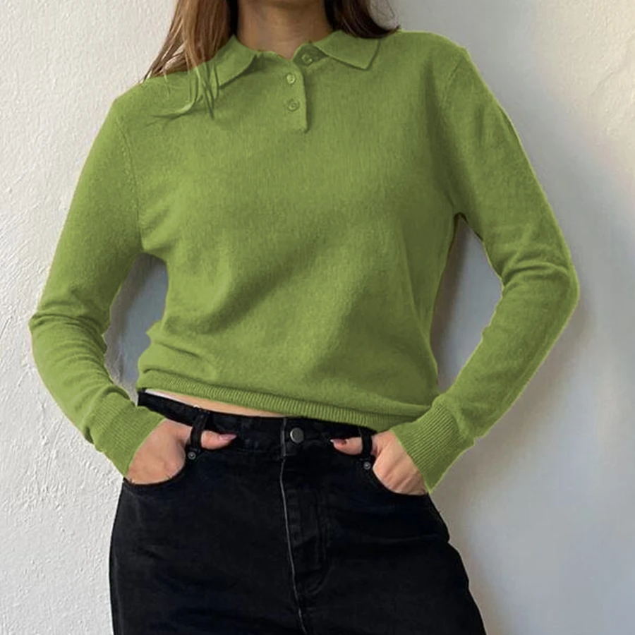 

Классические женские вязаные топы, осенний свитер с длинными рукавами и воротником с лацканами, однотонный пуловер на пуговицах, альтернативная одежда