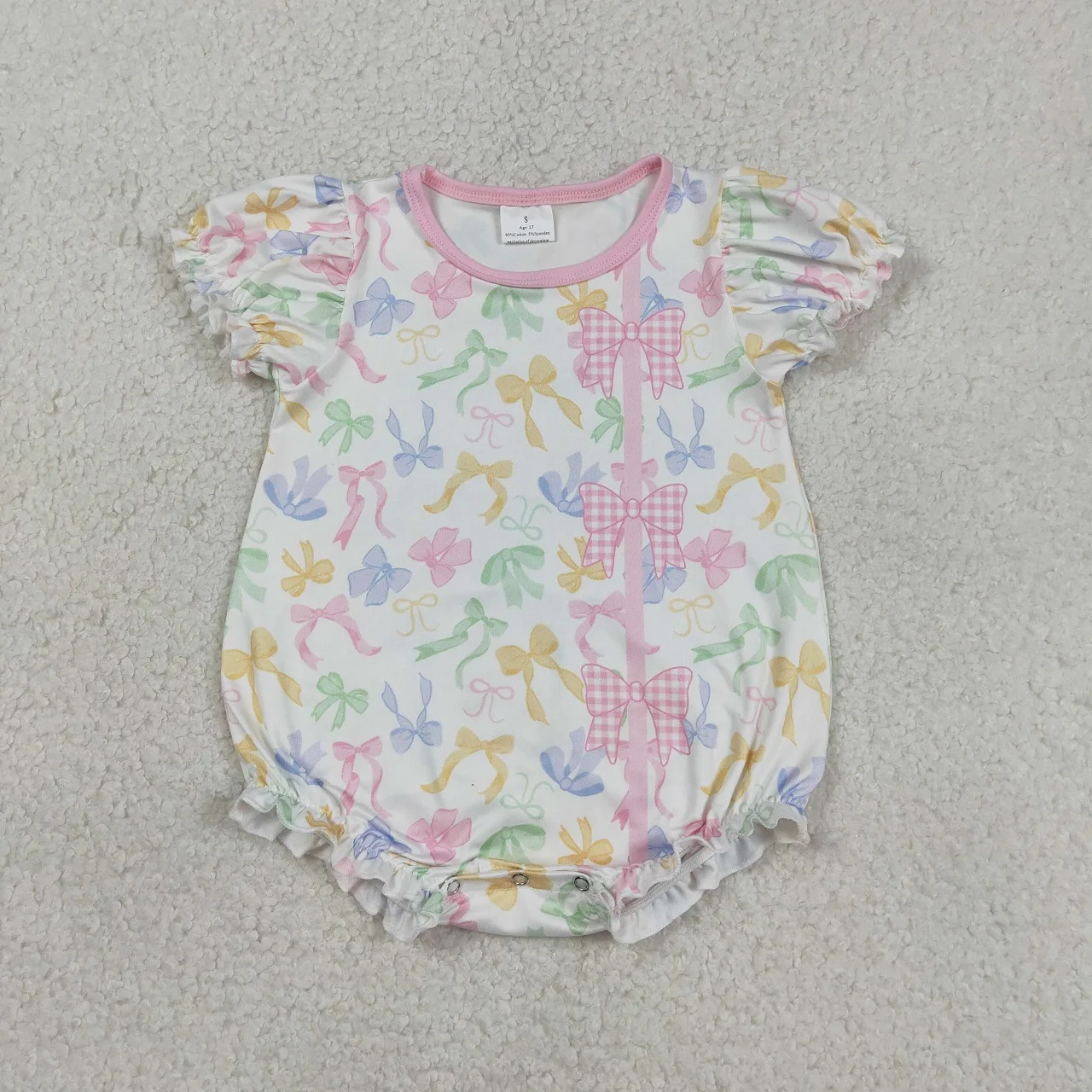Wholesale Kid Toddler Bubble Romper Children Girls Bows Short Sleeves Clothes Newborn Infant Coverall Baby Girl Ruffle Bodysuit
