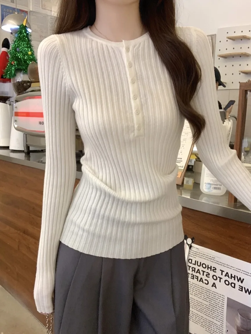 

Kumikumi Simple Beige Half Open Collar Button Knitted Sweater Women's Spring Anti Aging Slimming Inner Wear Top Korean Style