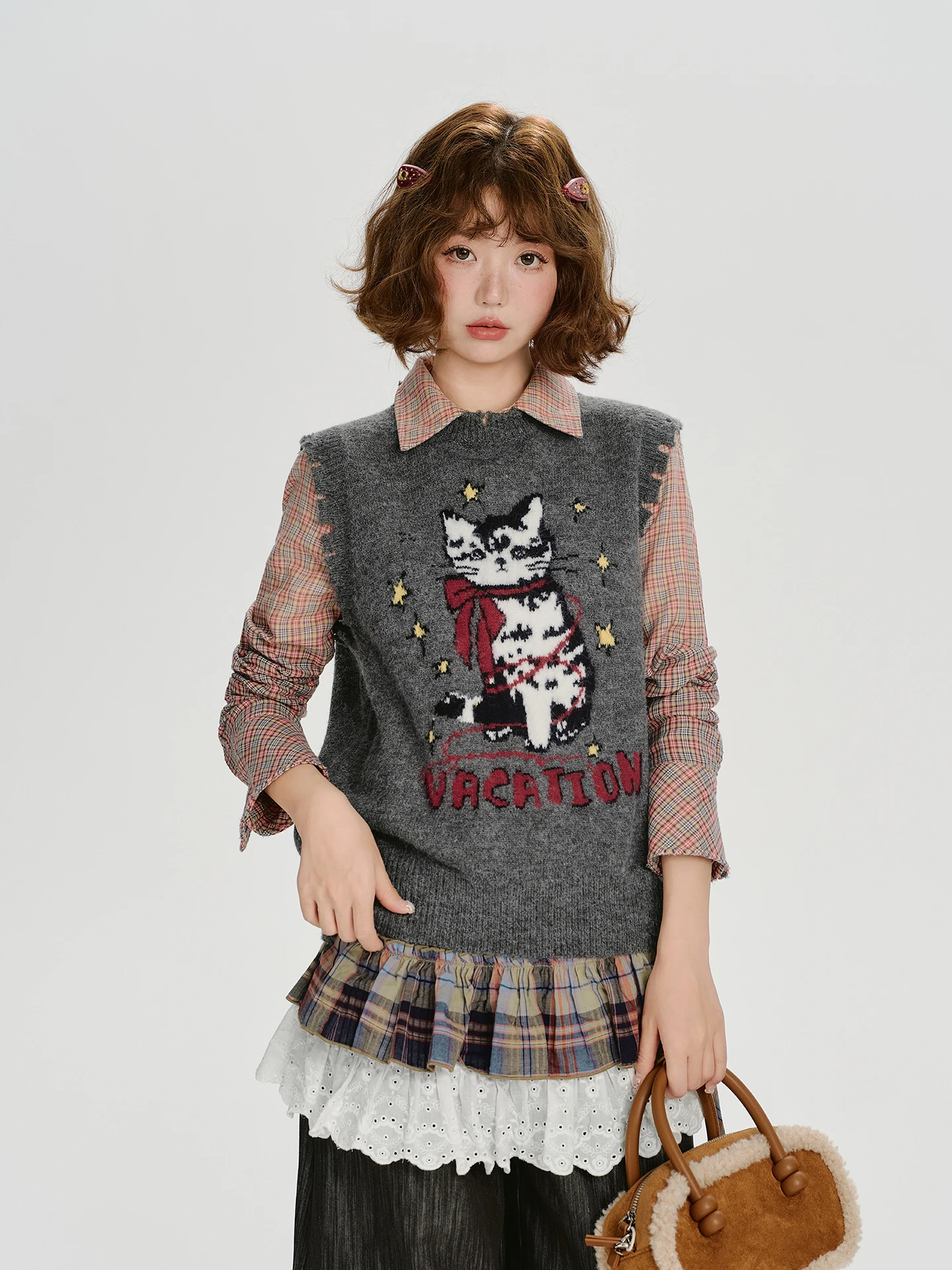 

Girly American Retro Pattern Вязаный жилет Женский осенний новый дизайн Многослойная майка для поездок на работу Sle Long Sve круглый...