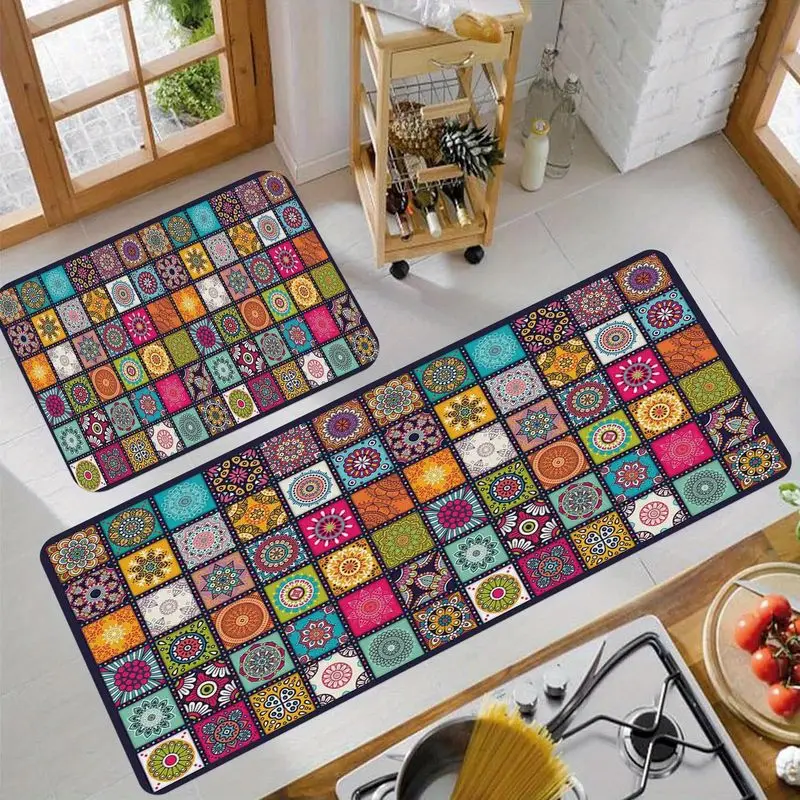 Moroccan Style Kitchen Rug Vintage Multicolored Floral Pattern Non Slip Laundry Room Mat Home Decor Boho Runner Carpet