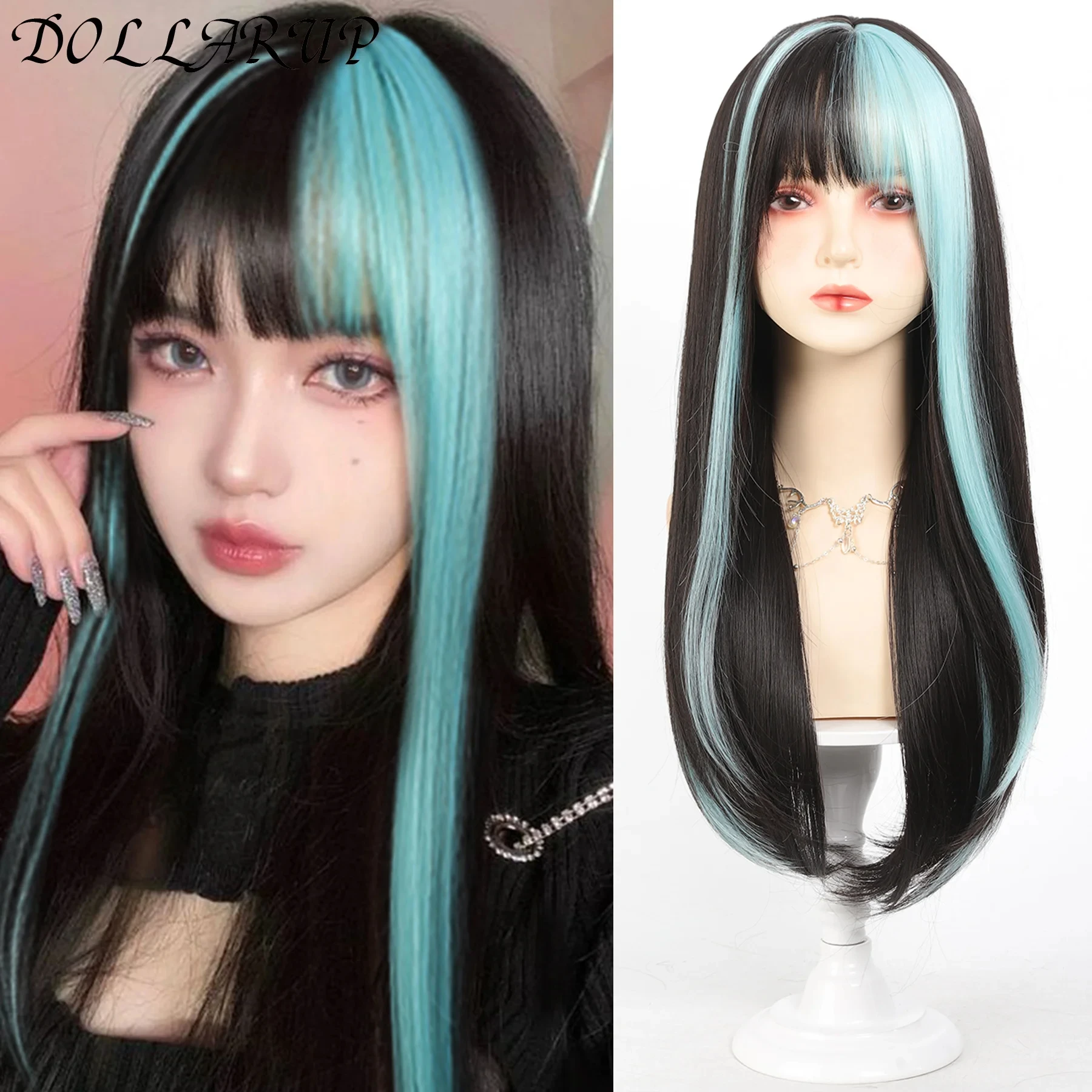 

JKL Long Silky Straight Synthetic Wigs with Bangs Black and Green Cosplay Party Lolita Hair Wigs for Women Natural Heat Resistan