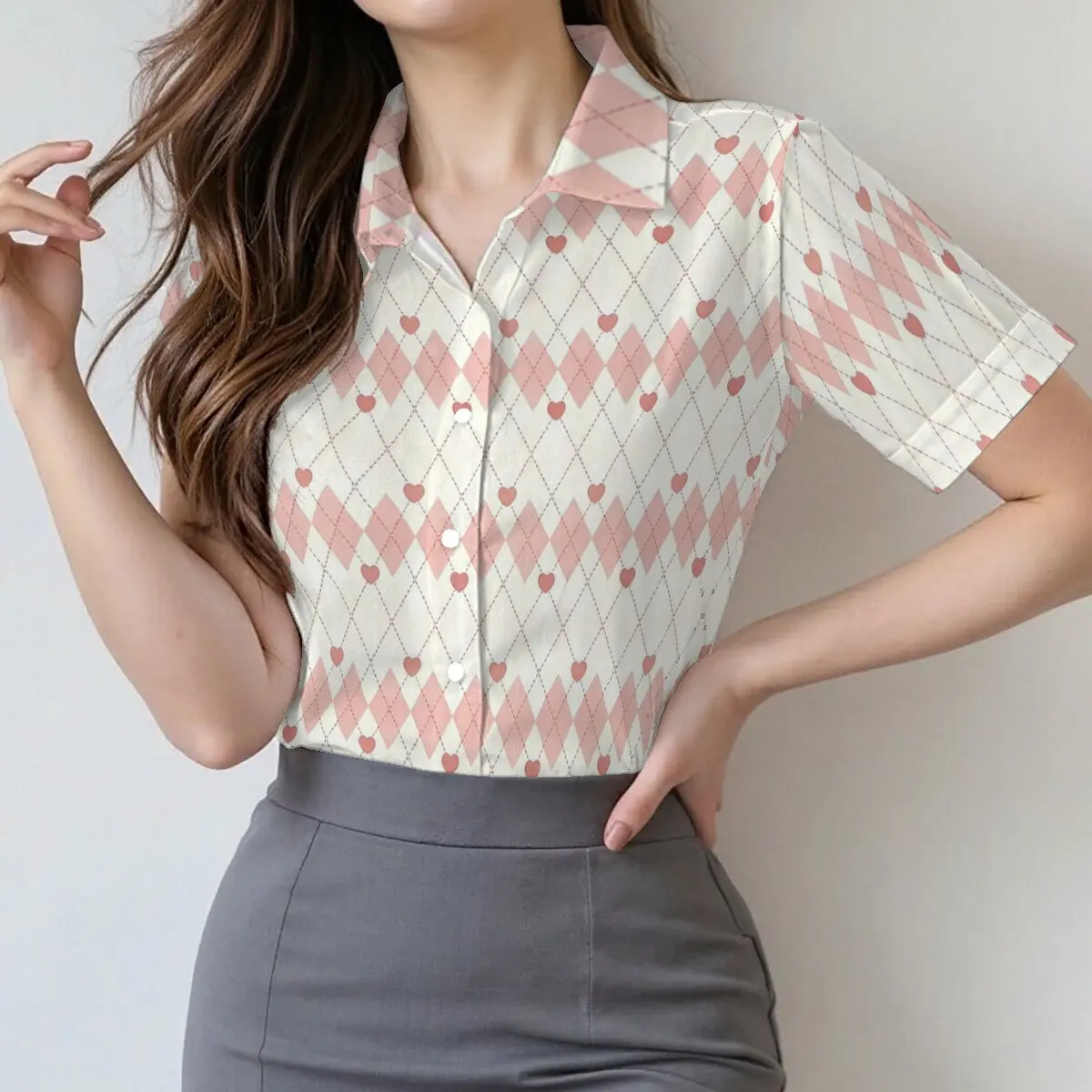 

Женская летняя рубашка с коротким рукавом, розово-белый узор в стиле аргайл, ретро-стиль и нежная эстетика, уличная мода, деловой повседневный стиль.