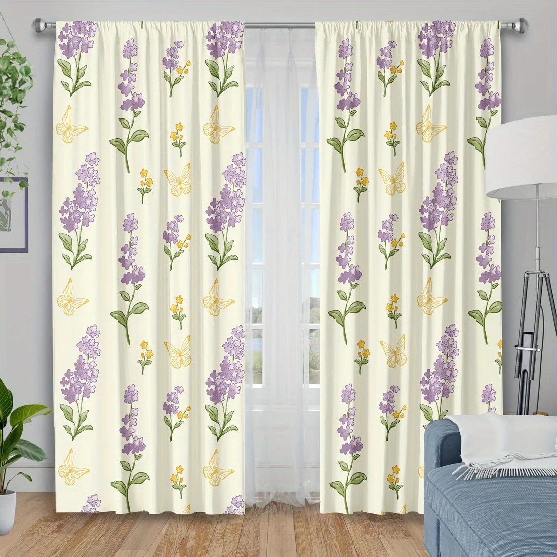 Elegant Floral Print Curtains with Purple Lilac Pattern Sheer Light Filtering Window Drapes for Living Room Bedroom