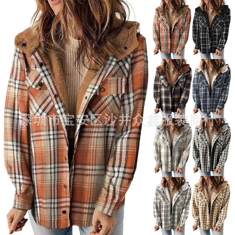 

Autumn and Winter Casual Jacket Plaid Hooded Woolen Jacket Women Fleece Thermal Jacket Women's Shirt