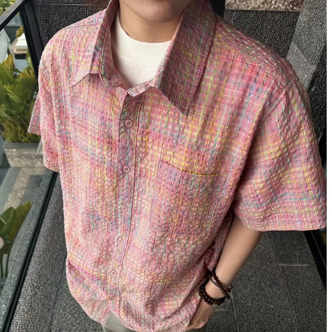 

American Retro ort Sve irt ex Summer 2025 New Small Design Plaid Youth Outerwear irt Loose Fit Ciwalk Polyester