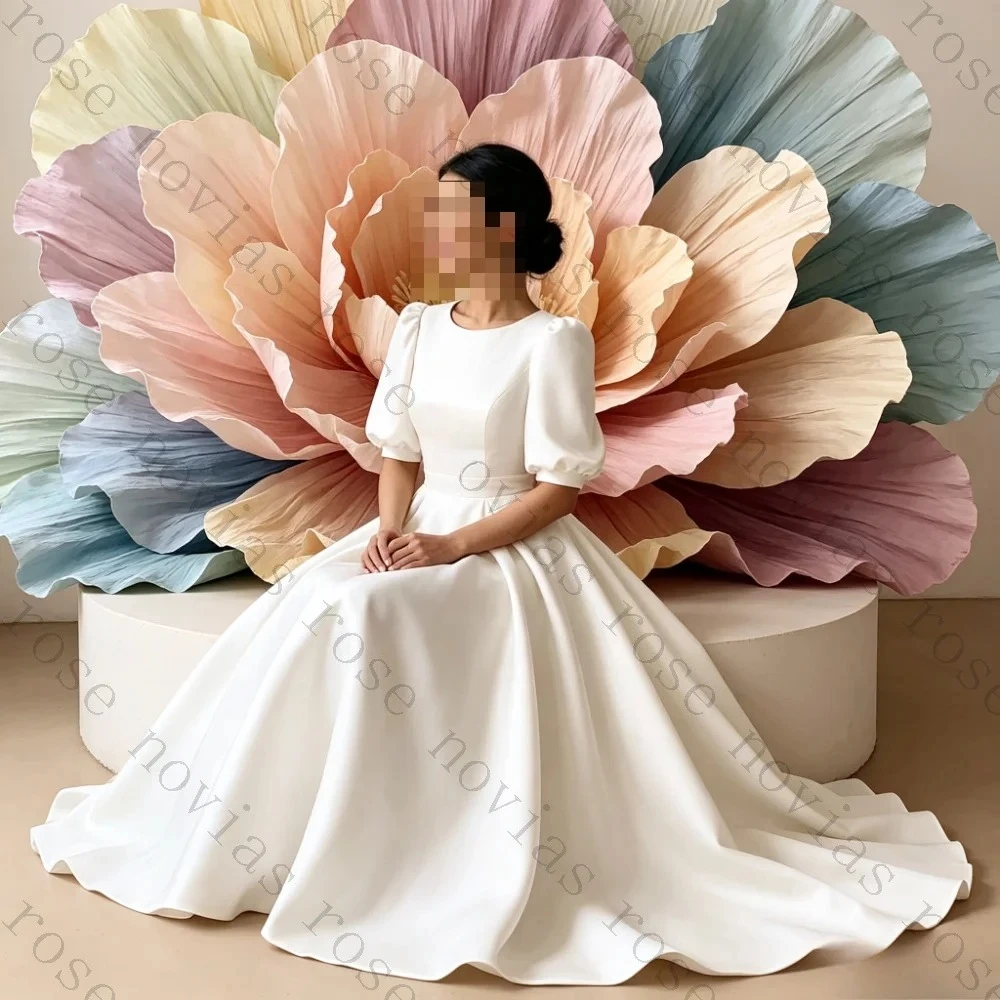 Customized Round Neck Puff Short Sleeve Satin Midi Wedding Dress Side Cutout Pearl Detail A Line Tea Length Simple Bridal Gown