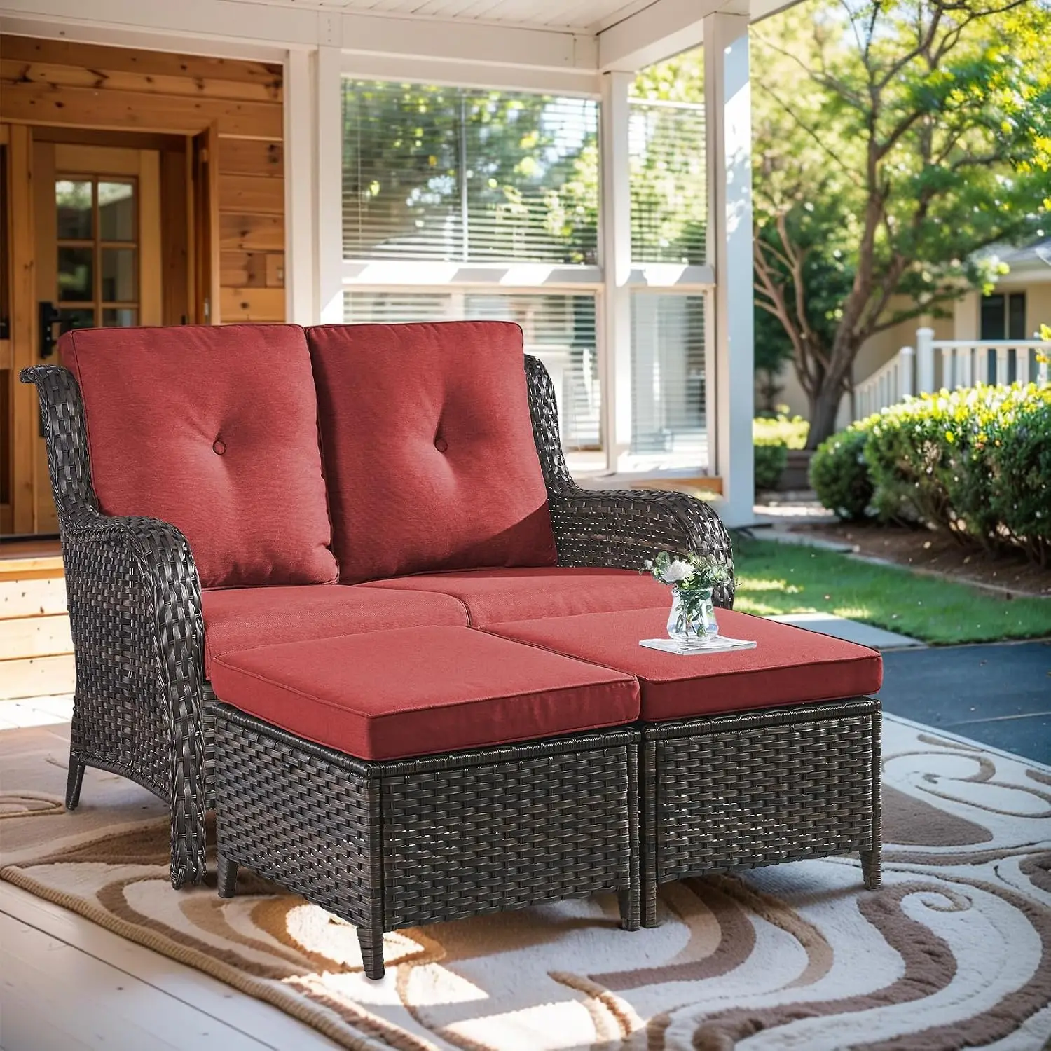 Outdoor Loveseat Sofa 3-Piece Patio Furniture With Ottoman Deep Seating Porch Deck Garden Backyard, Customized