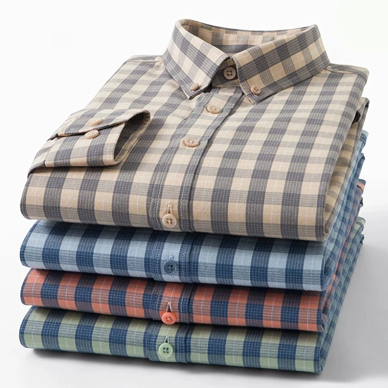 

New Quality Pure Cotton Men's Plaid Shirts Long Sleeve Casual Striped Soft Regular Fit Formal Dress Shirt Social Male Clothing