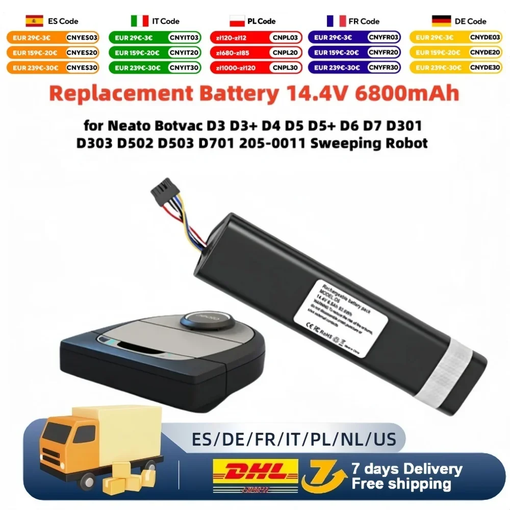 New Original Replacement Battery 14.4V 6800mAh for Neato Botvac D3 D4 D5 D6 D7 D301 D303 D502 D503 D