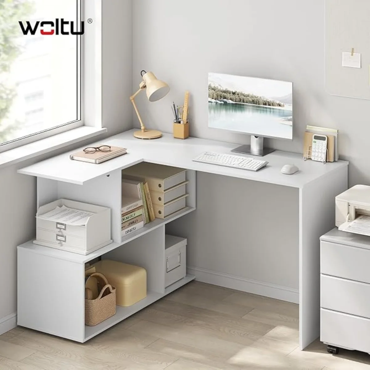 WOLTU Escritorio en forma de L, mesa para juegos con espacio de almacenamiento, escritorio para ordenador de 120x100cm con estante, mesa de trabajo para sala de estar