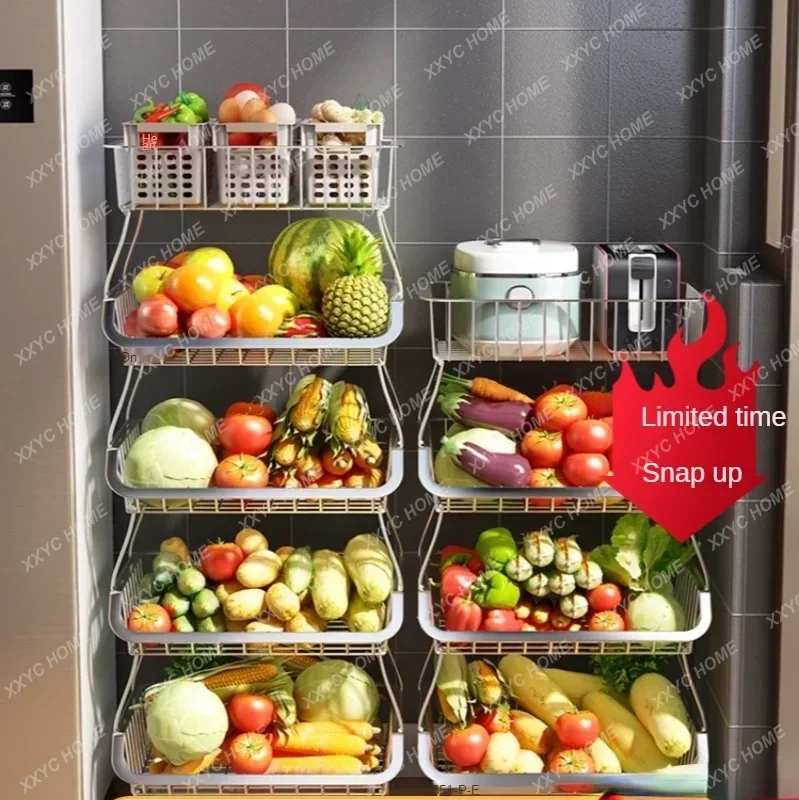 Kitchen Vegetable Rack Floor Multi-layer Wheelbarrow Household Vegetable Basket Fruit Basket Kitchen Storage Space Saving