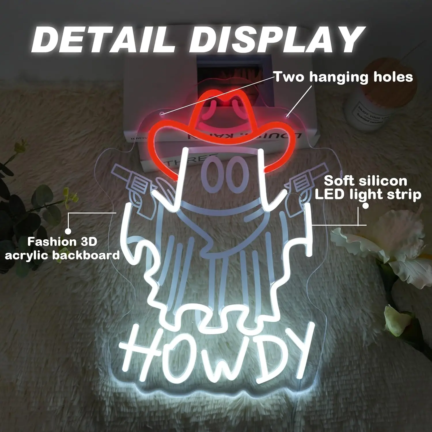 Cowboy Ghost Neon Light Sign - Howdy Halloween USB LED Wall Hanging Decor for Western Theme Bar, Farm, Man Cave & Gift Idea