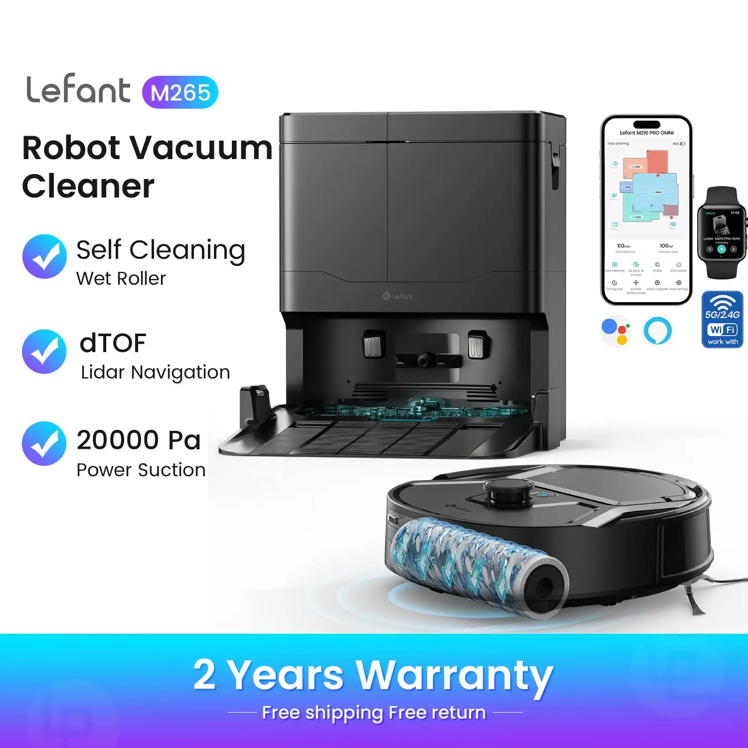 Aspirateur robot Lefant M265 avec cartographie, 18 000 Pa, rouleau autonettoyant, lavage à l'eau claire, technologie laser dToF, évite les obstacles, anti-enchevêtrement, compact, Wi-Fi 2,4 GHz/5 GHz/Alexa/application