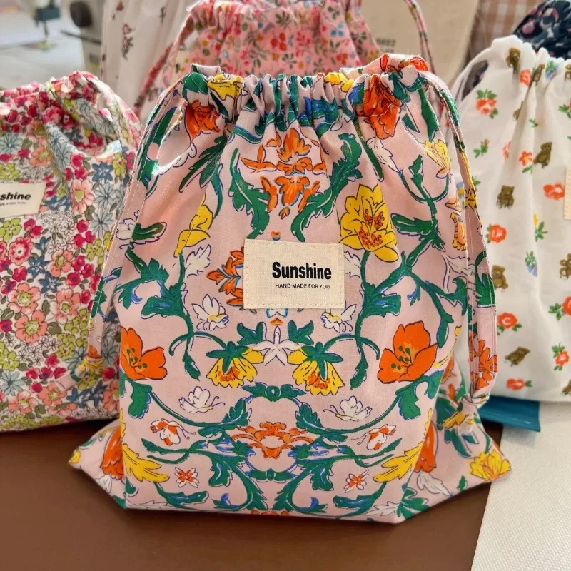 Travel Outdoor Drawstring Diaper Makuep Classified Storage Bag Printed Flower Drawstring Cosmetic Bags Cotton String Pocket Pack