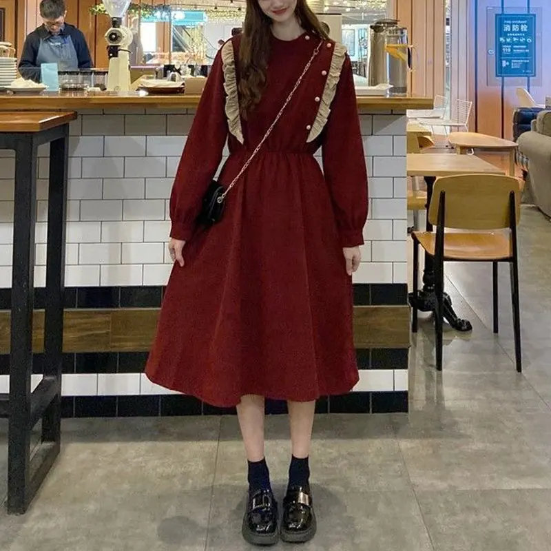 

Stylish Lace Spliced Dresses Spring Autumn French Style Female Clothing Commute A-Line Waist Aura Basic Long Sleeve Midi Dress