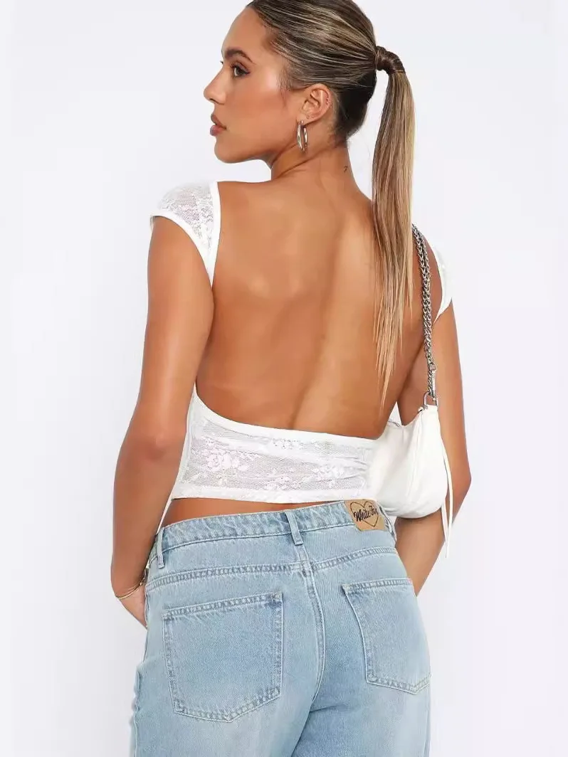 قميص نسائي صيفي مثير بظهر مكشوف وشبكة، بأكمام قصيرة رقيقة وطباعة، ياقة دائرية منخفضة، مريح وقابل للتنفس