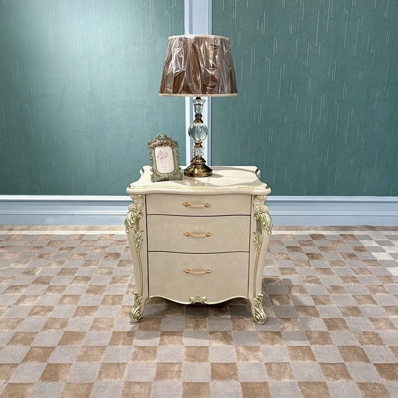 French court bedside table, European bedroom three-drawer storage cabinet corner few solid wood feet carved