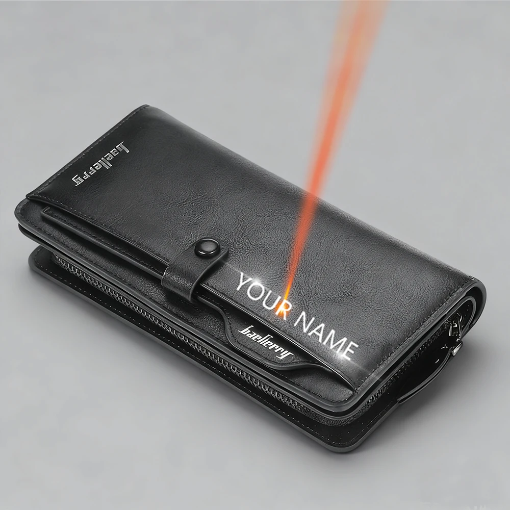 Custom Name Engraving Men's Long Wallet Large Capacity Card Holder with Zipper Coin Pocket High Quality Male Purse