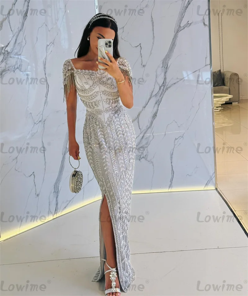 Aso Ebi Silver Champagne Mermaid Prom Dresses Floral Beads Evening Dress Arabic Party Second Reception Birthday Engagement Gowns