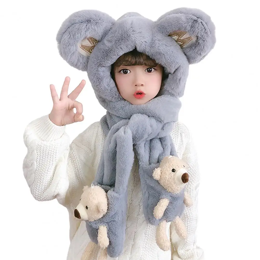 Cute Winter Thickened Plush Kids Hat Neck Scarf Gloves 3 in 1 Ear Protection Hat Cartoon Bear Decor Boys Girls Holiday Hat