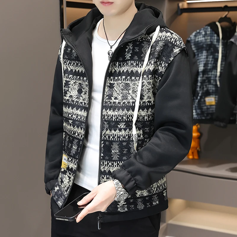 

New Man hooded Fake two-piece Jacket Couple Spring Autumn Men's Zippered Jacket Top Casual Sports Wear Coat